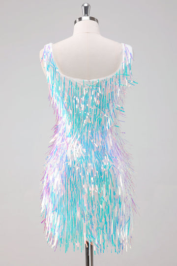 Vestido de fiesta corto blanco brillante con escote redondo y borlas